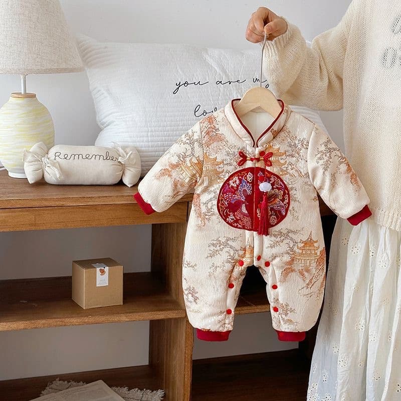 Baby one-piece clothes, winter style baby boy's festive 100th birthday thickened dress, infant and toddler winter outing clothes