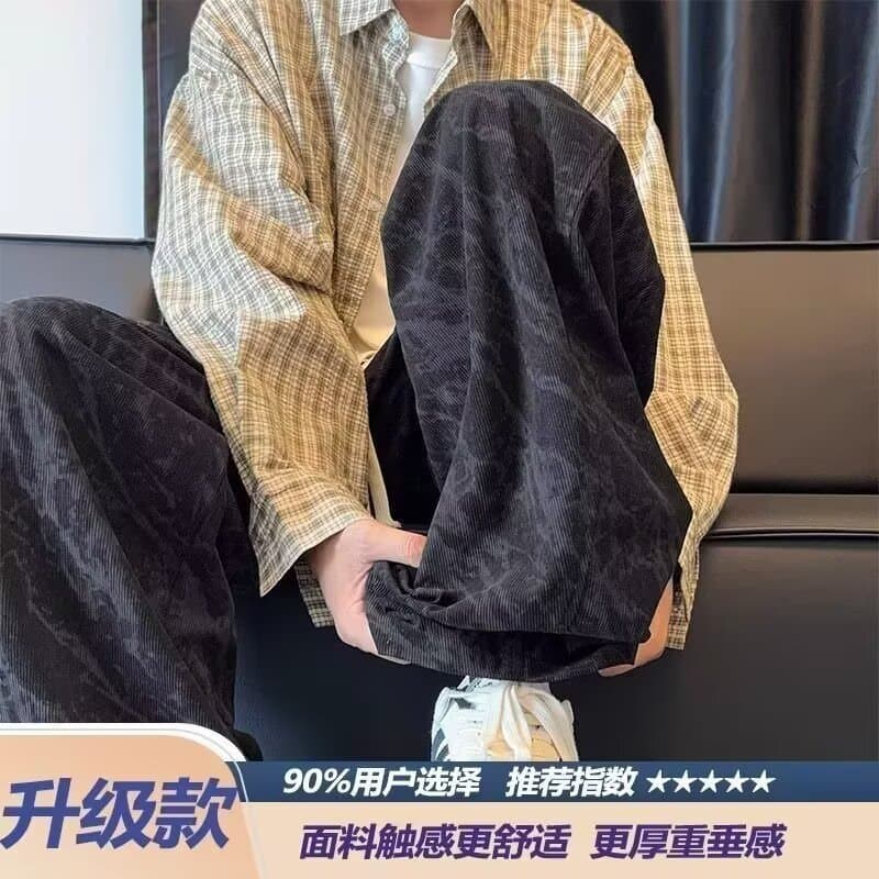 Hong Kong Style Fashion Casual Loose Trousers 2026 Spring/Autumn New Tie-Dye Sweatpants Corduroy Straight Leg Pants