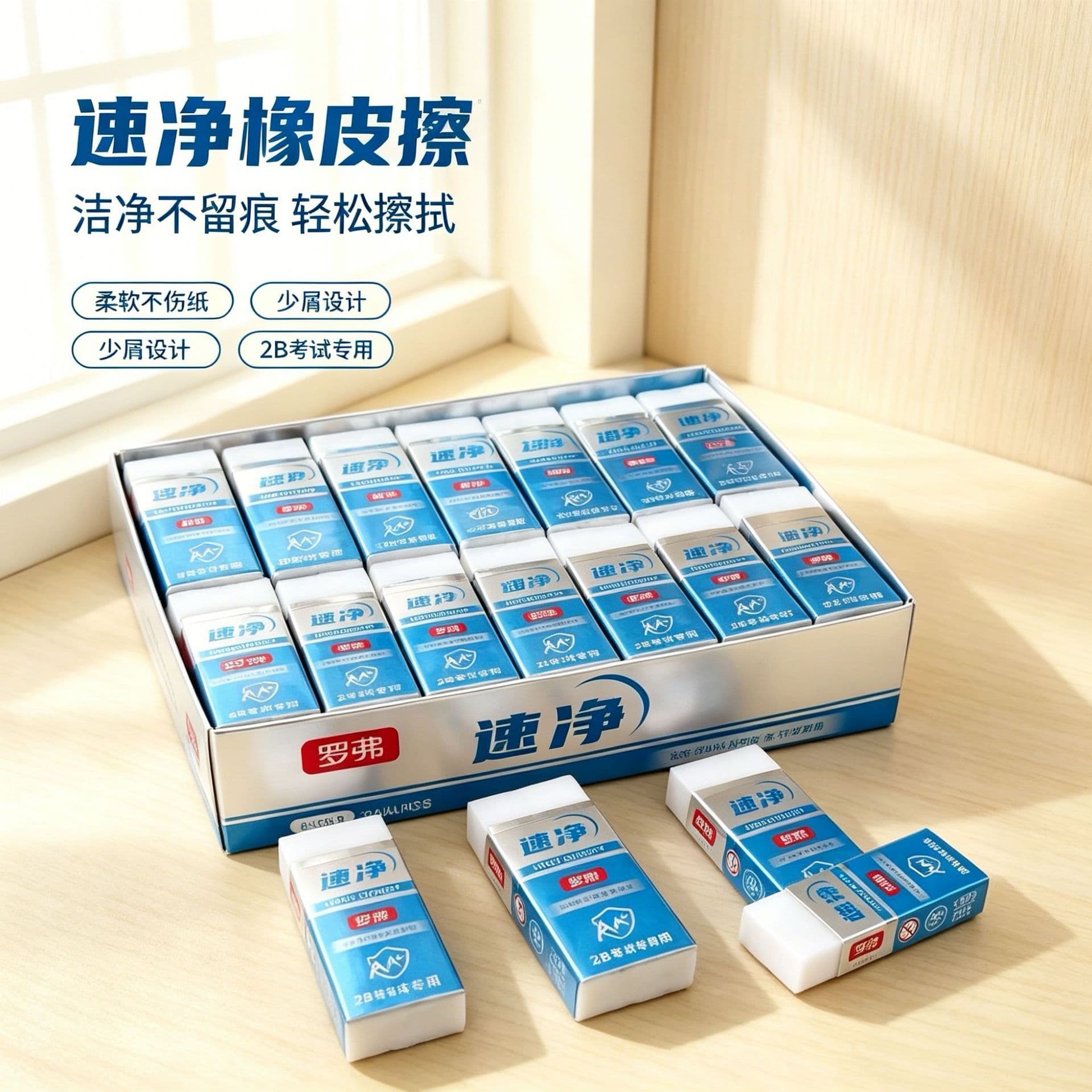 Rover speed clean eraser for primary school students, less crumbs, clean and leaves no traces, 2B exam special pure white eraser does not damage the paper