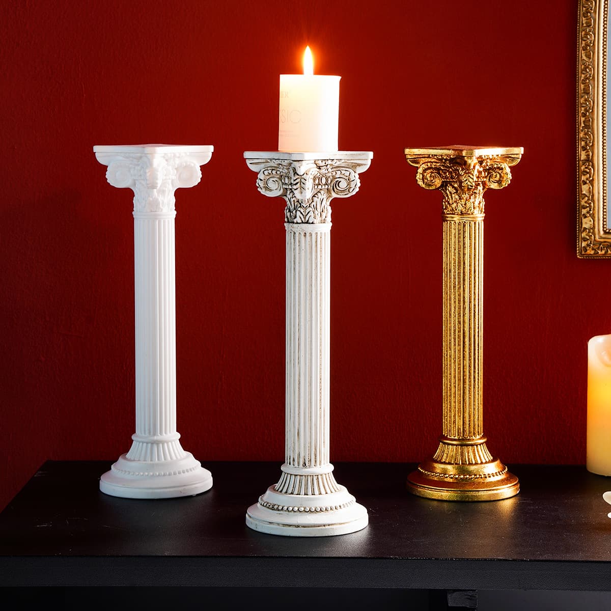 European Retro Three-Color Resin Roman Column-Shaped Candlestick Ins Style Posing Romantic Atmosphere Shooting Props