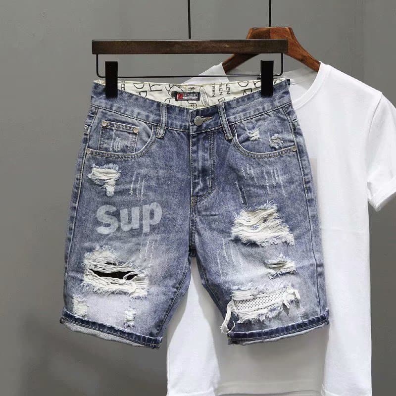 Summer Viral Distressed Men's Denim Shorts Trendy Brand Personalized Print Slim Fit Stylish Guy Versatile Five-Point Mid-Length Pants