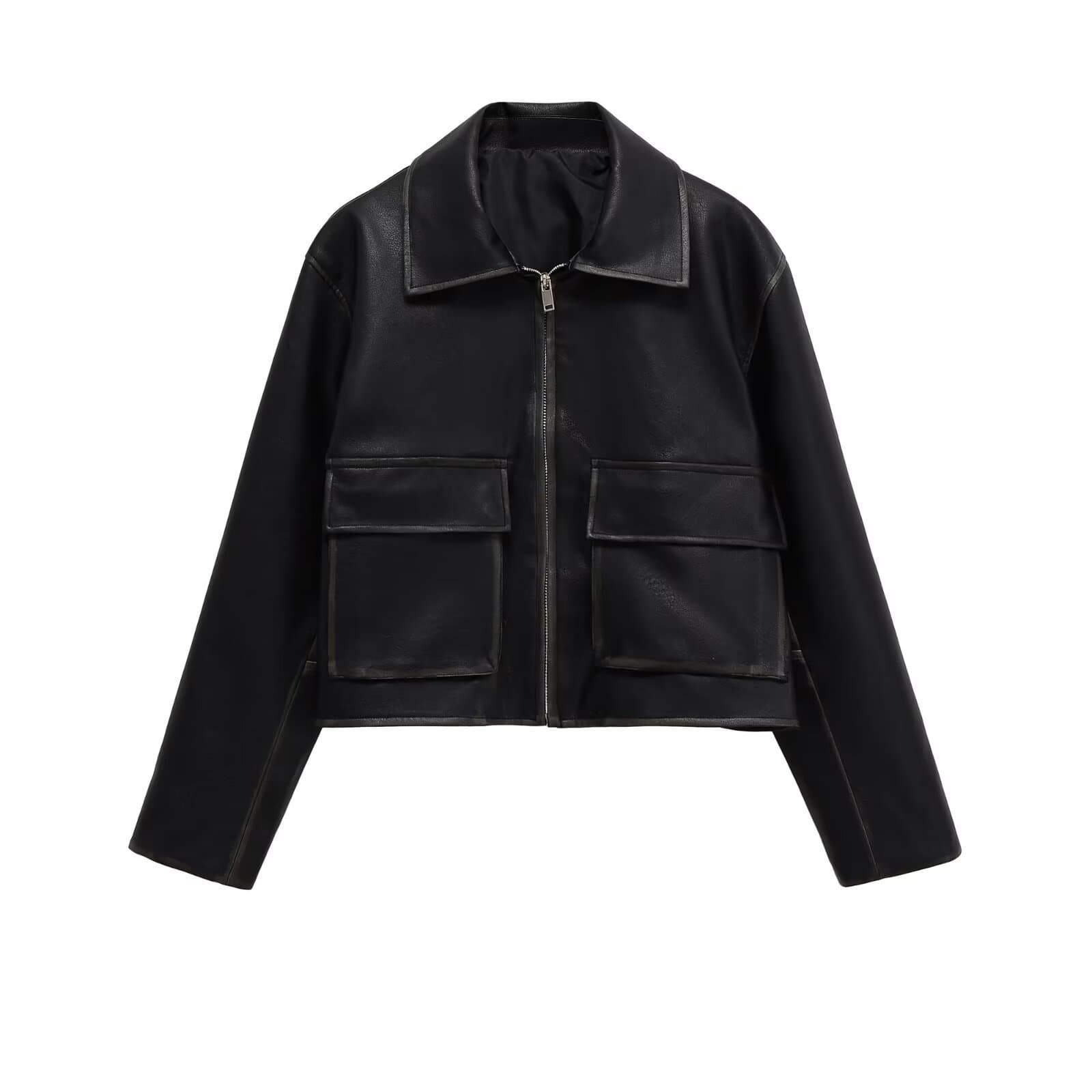 PB&ZA Women's 2025 Autumn New Arrival Cool Trendy Style Lapel Zipper Front Leather Jacket 04715935