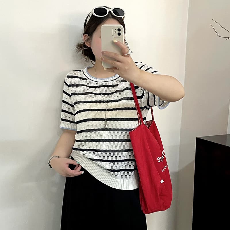 Plus Size Women's Openwork Round Neck Top Contrast Stripe T-Shirt 2026 Summer Fat MM Knitted Short Sleeve T-Shirt 23955