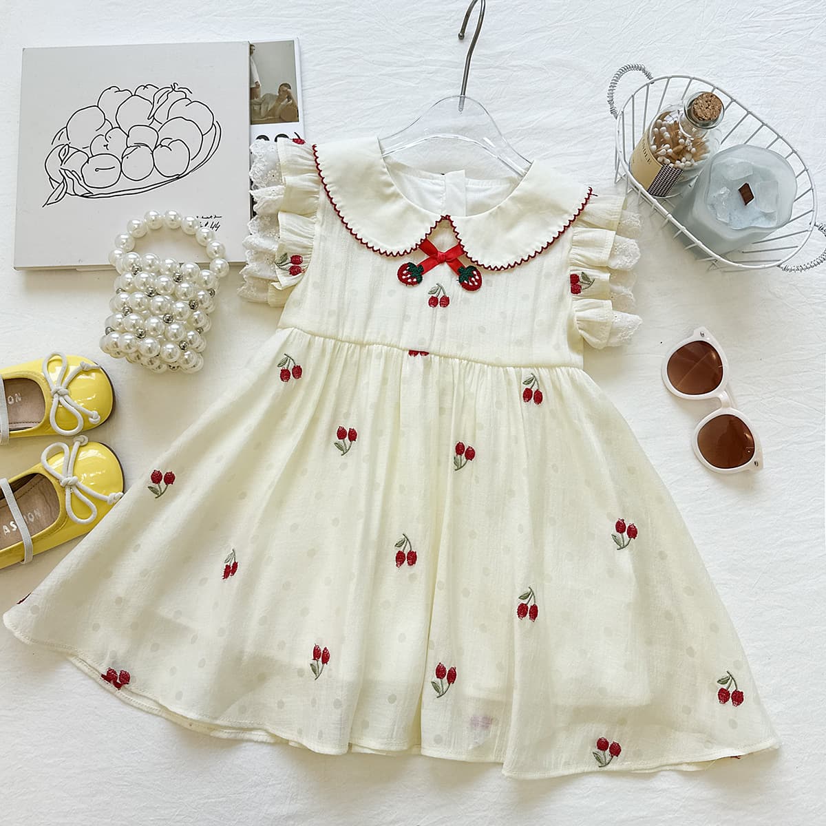 2026 New Summer Girls Cherry Princess Dress Baby Flying Sleeve Dress Children's Cute Summer Dress 17984