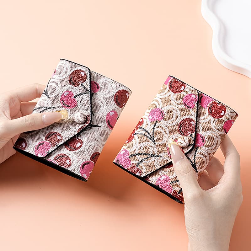Cherry Print Small Square Bag Women's Bag New Niche Stylish Small Tri-Fold Wallet Women's Card Slot Wallet Coin Purse Bag