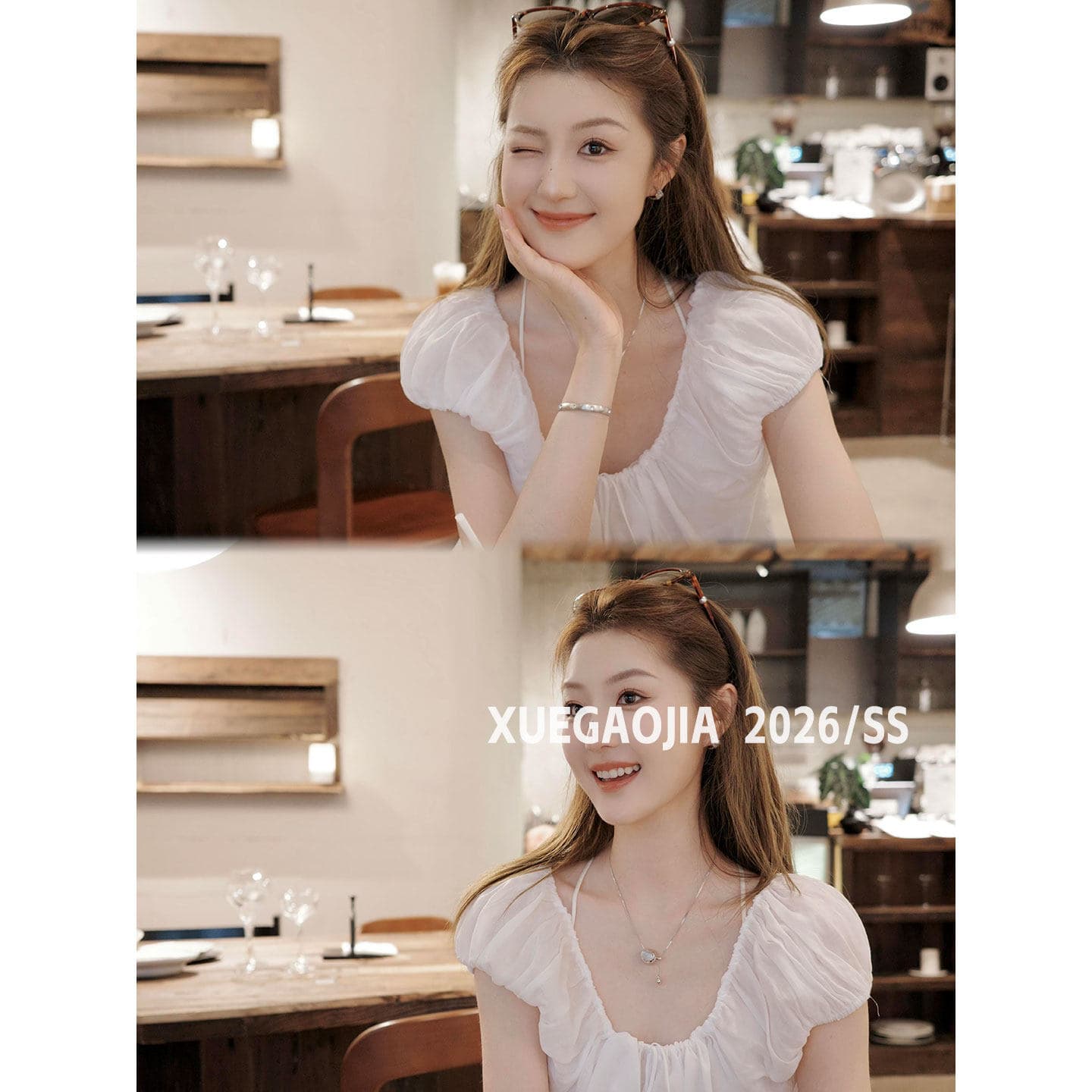 Original fabric! French white square-neck puff-sleeved babydoll top with atmospheric lace-up and age-reducing Korean style loose top