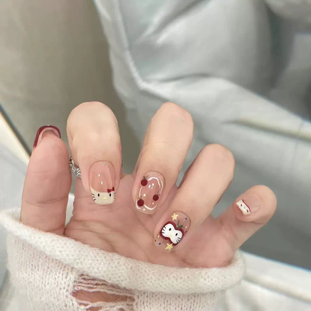 Super Cute Apple Kitty Whitening Kids Wearable Nails Removable Short Nail Tips Handmade Sweet Girl Ins Hand Painted