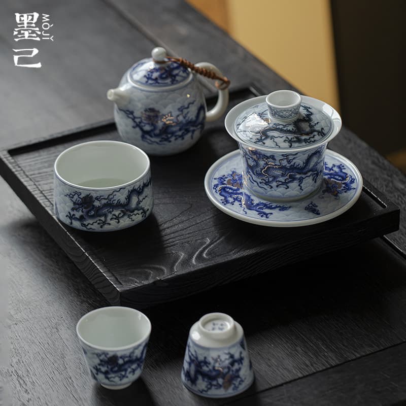 Moji Underglaze Blue and White Dragon Pattern Gongfu Tea Set Ceramic Three-Talent Lidded Bowl Household Teapot Teacup Set