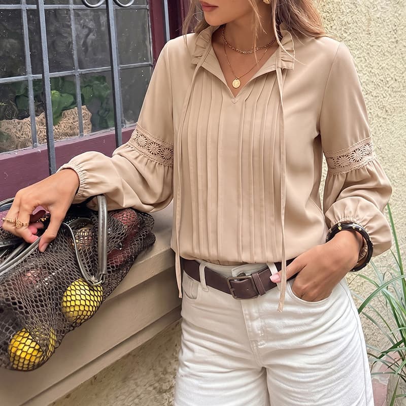 European and American cross-border 2026 autumn new hot-selling casual fresh style long-sleeved strapped v-neck solid color pleated shirt for women