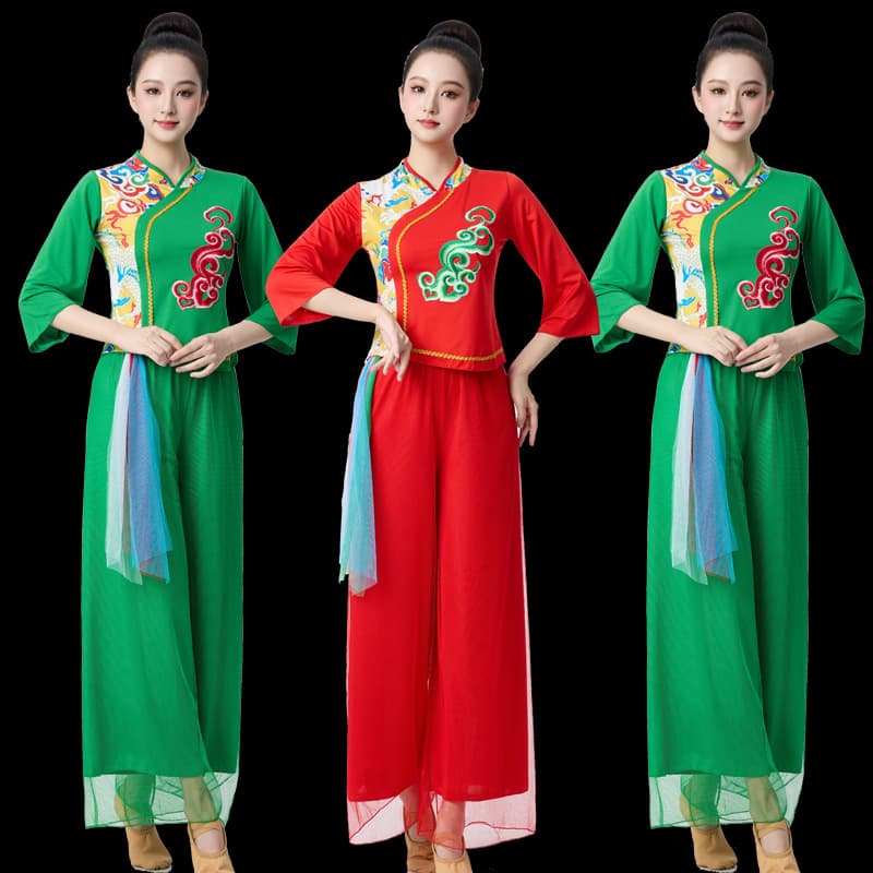 Women's square dance gauze skirt costume set, spring and summer, fan dance, trumpet sleeve, ethnic style, Yangko dance, new style, classical performance.
