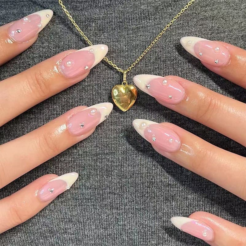 Cross-border manicure wearable nail polish French manicure rhinestone pearl manicure strips long almond push-on manicure strips