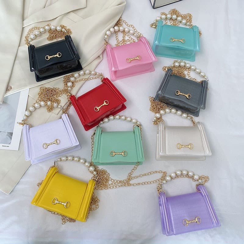 Jelly Bag Small Square Bag New Jelly Bag Pearl Handbag Chain Shoulder Crossbody Bag Kids Bag