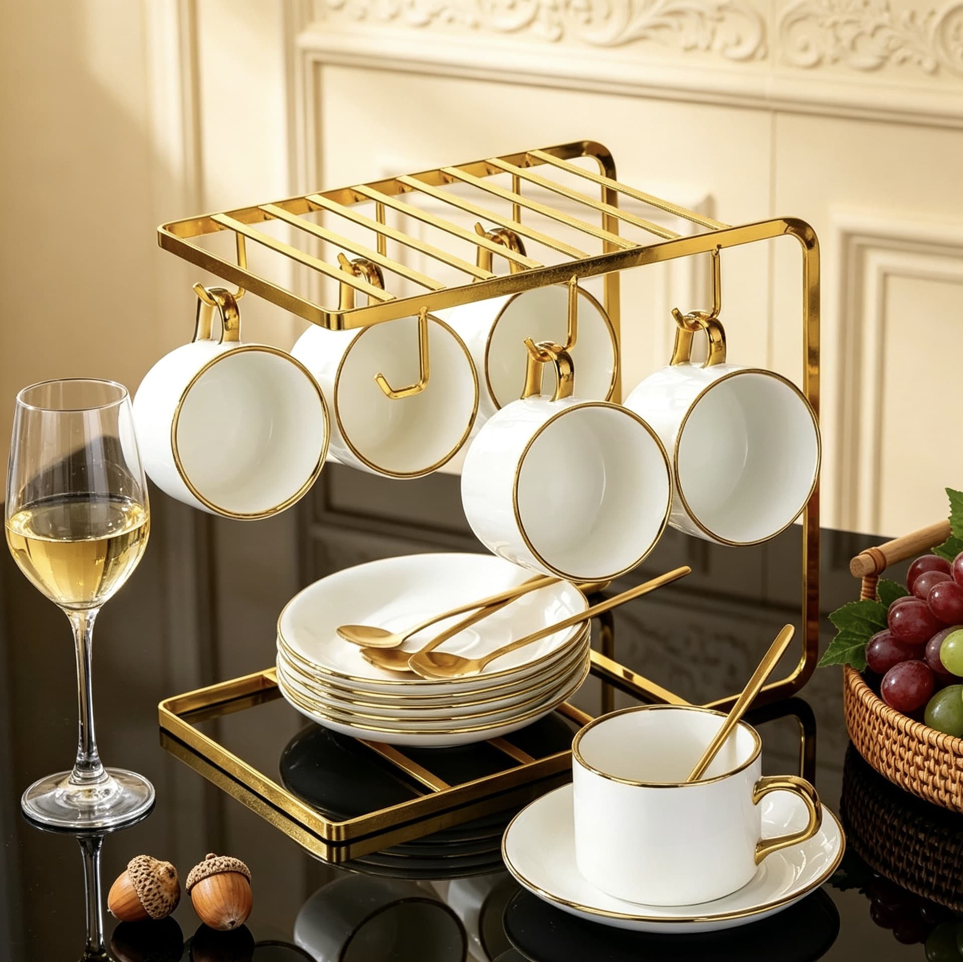 Cross-border 6-Piece Premium Ceramic Coffee Cup Set, Latte Cups with Saucers, Luxury Style for Cafes