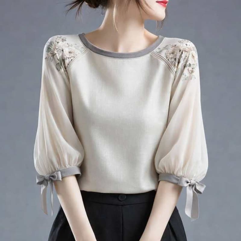 Cross-Border Japanese Print Chiffon Blouse, Summer New Sweet Fresh Floral Slim Round Neck Pullover Loose Age-Reducing Top