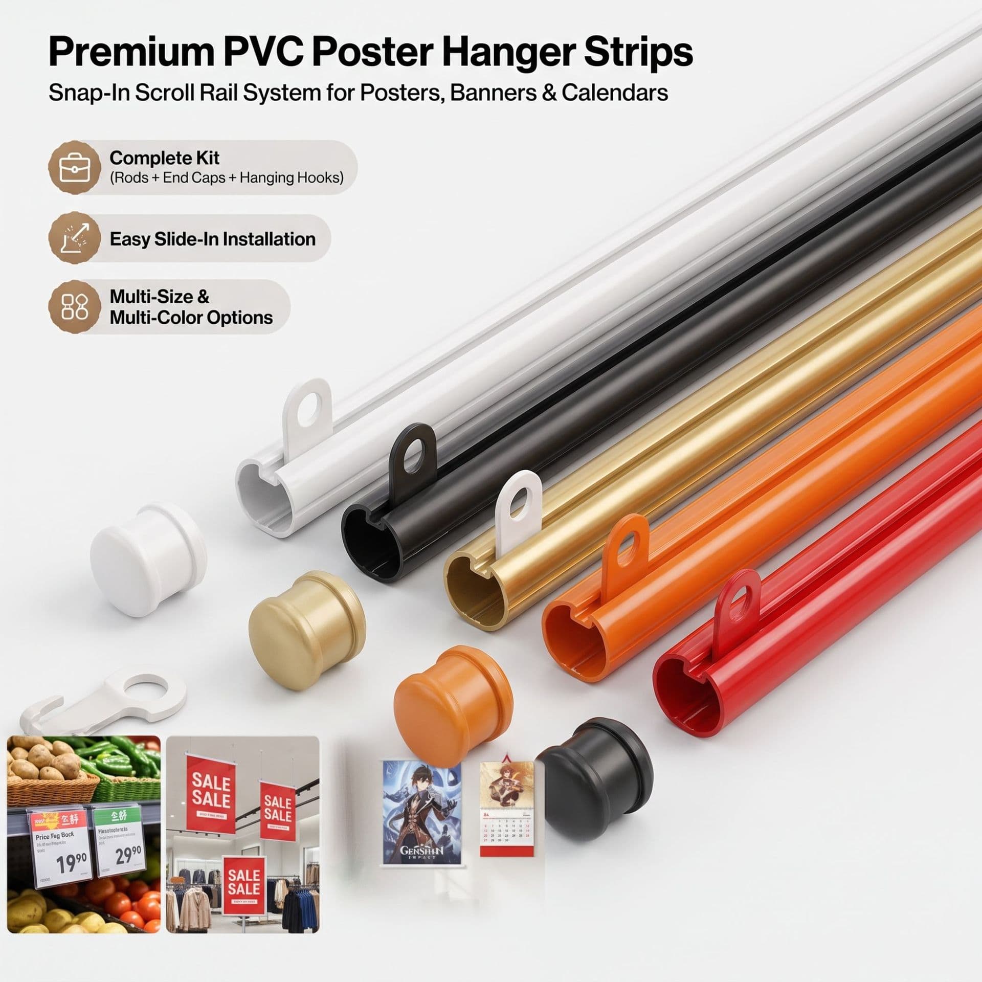 PVC Poster Hanging Rod, Scroll Rod for Anime Posters, for Home & Exhibition Use, Length Options Available, Multiple Colors