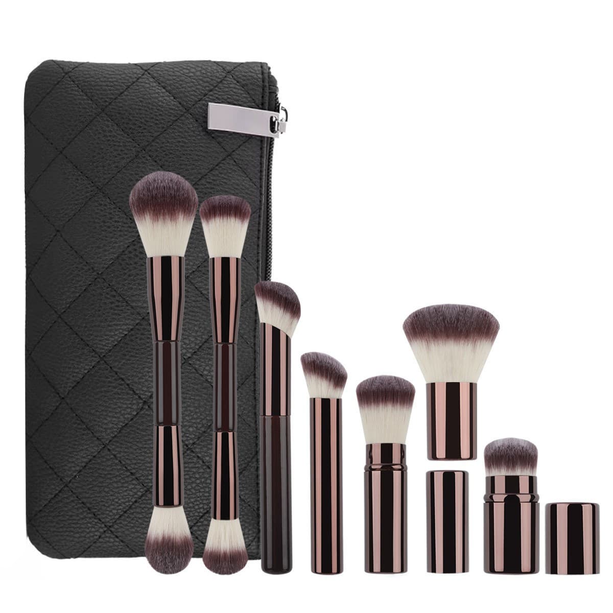 7-Piece Cross-Border High-End Coffee Portable Foundation Brush Retractable Dust-Proof with Lid Aluminum Tube Makeup Brush Beauty Tool Soft