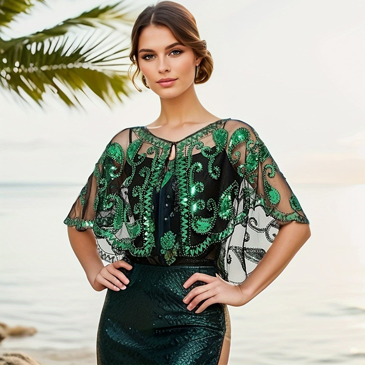 1920 Gatsby Evening Dress with Sequin Capelet, Vintage Beaded Sequined Cardigan, Mesh Shawl