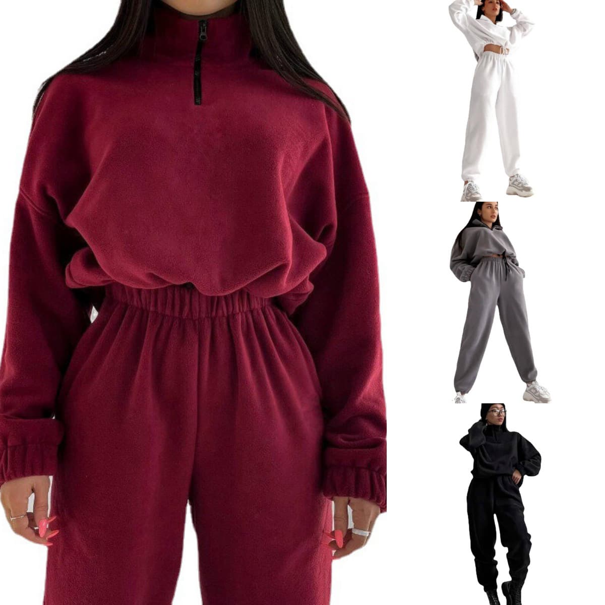 New European and American Style Amazon Fashion Casual Long Sleeve Loose Zip-Up Stand Collar Hoodie Trendy Autumn Winter Women's Set