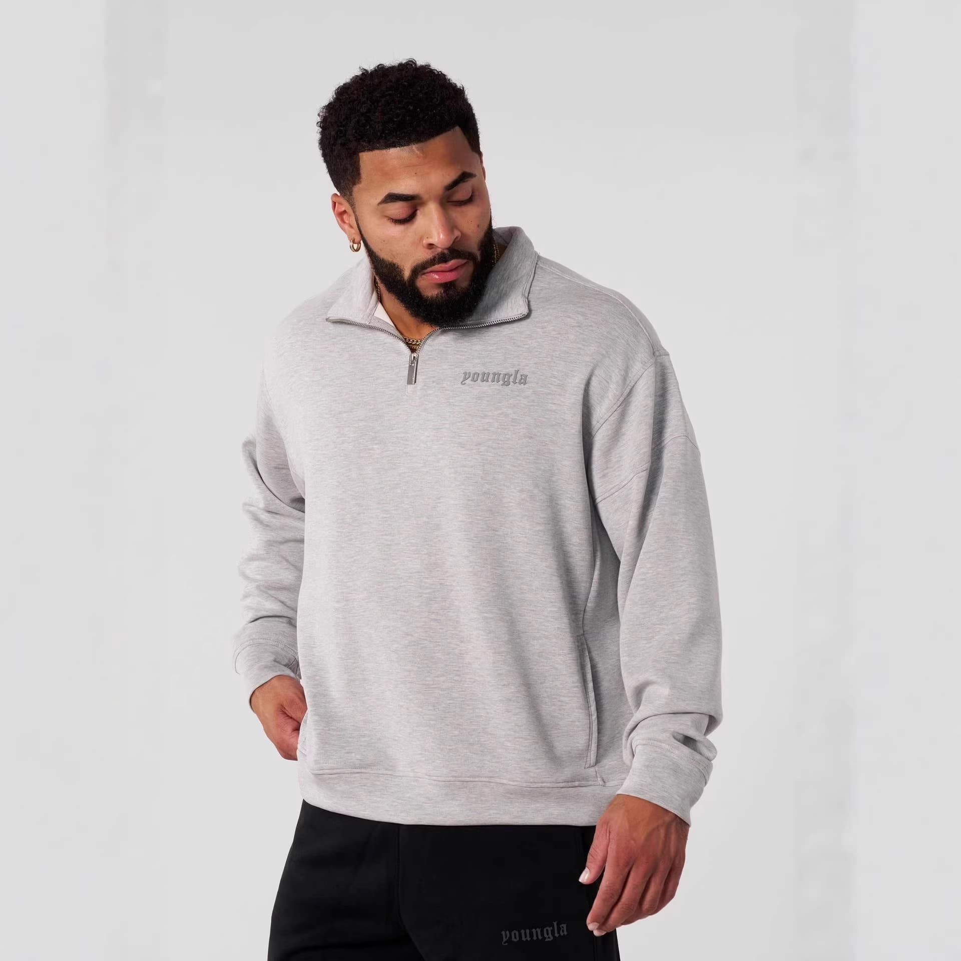 YOUNGLA American Style New Men's Hoodie Jogger Gym Fitness Cotton Half-Zip Casual Jacket