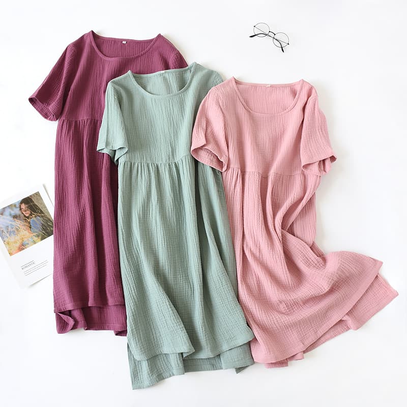 Summer thin solid color pullover nightdress, women's crepe double layer cotton gauze round-neck short-sleeve casual home pajamas, mid-length