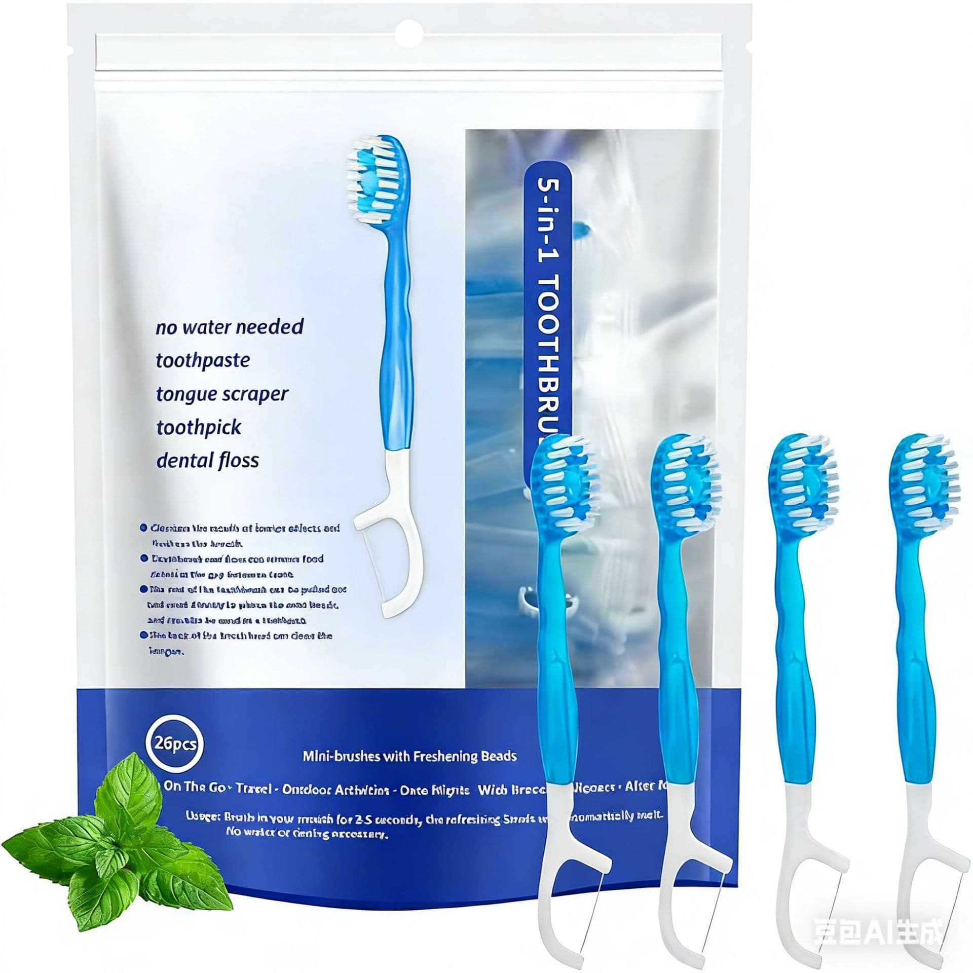 Portable Travel Toothbrush with Floss, Disposable, No Rinse Needed, Soft Bristles, Mini Cleaning, 26-Pack