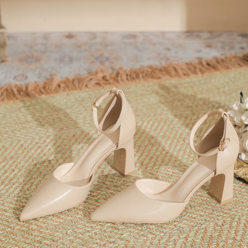 2026 New Pointed Toe High Heels for Women Chunky Heel One-Character Strap Leather Hollow Out Single Shoes Shallow Mouth Commute Nude Shoes