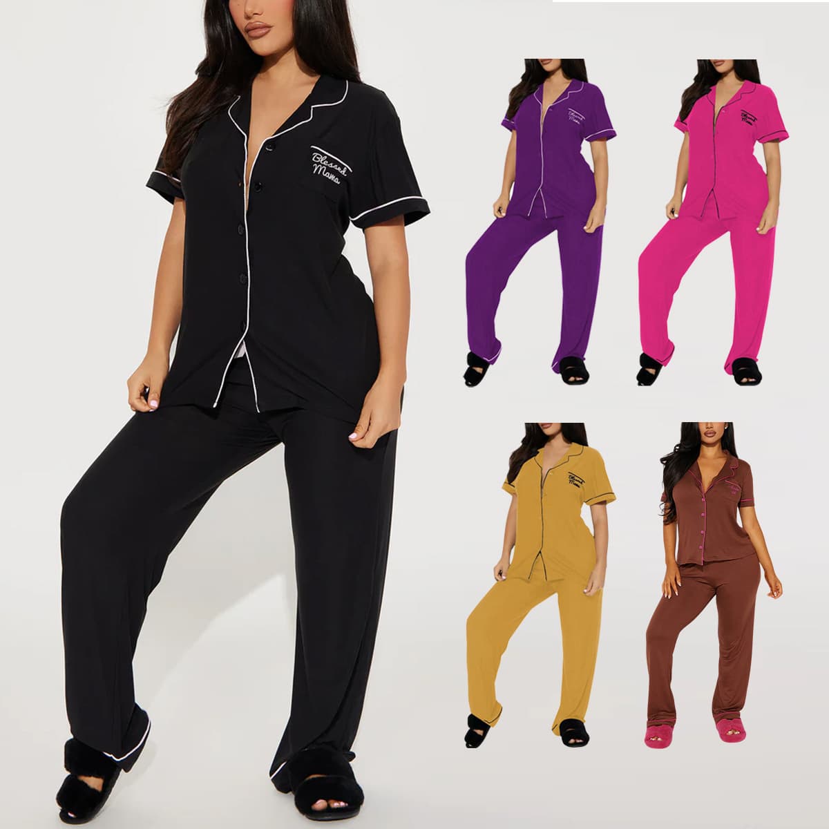 Women's Summer Letter Embroidery Short Sleeve Long Pants Pajama Set Nightwear for EU/US Cross-Border