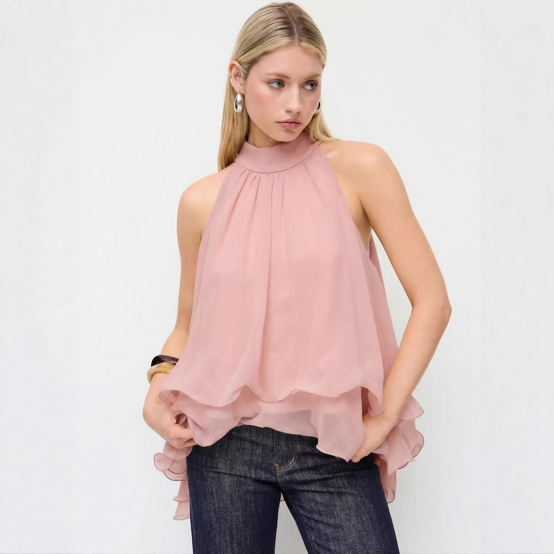 Lazy Elegant Versatile Petite Sweet Style Women's Summer Chiffon Top Slimming Ruffle French Halter Neck Top