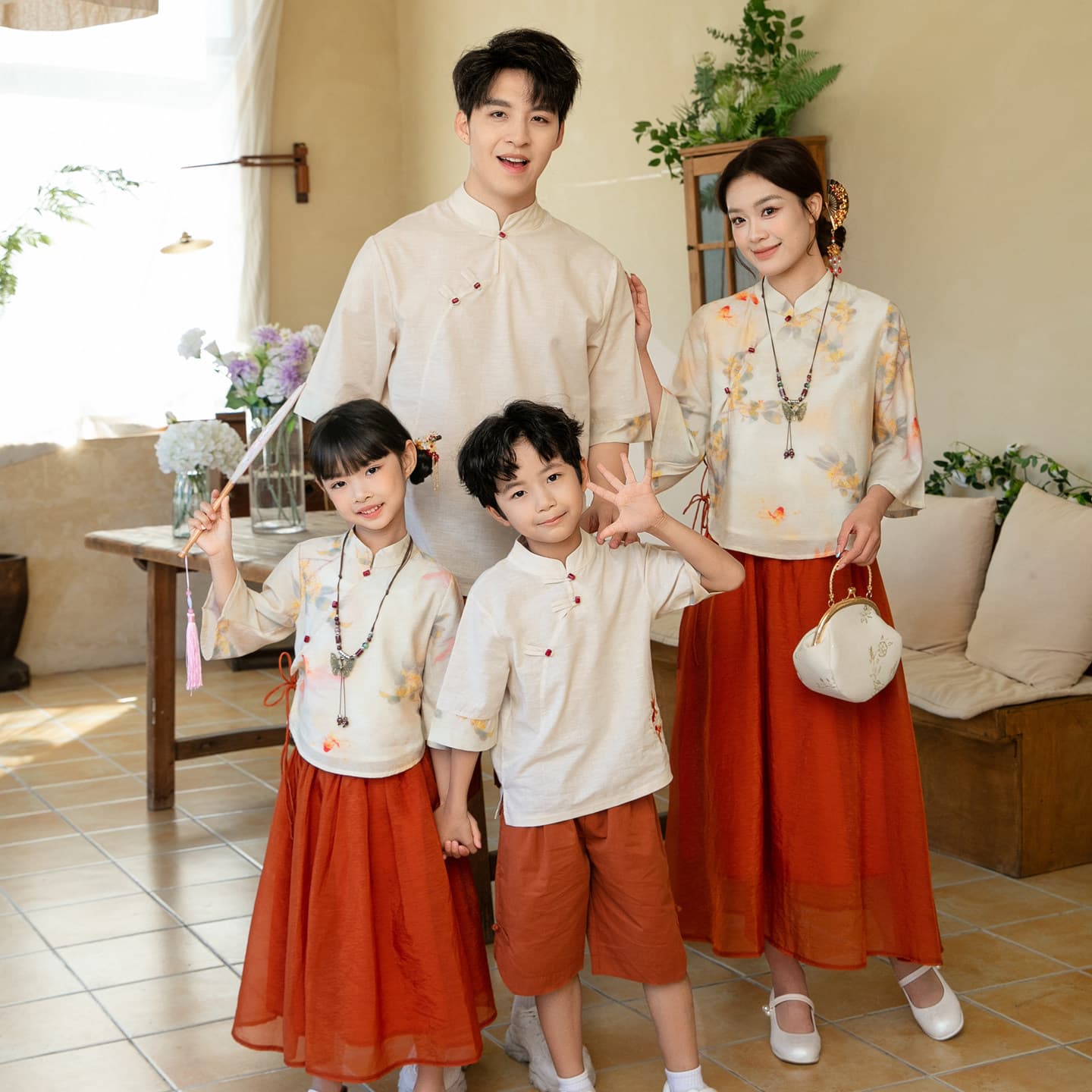 Chinese New Style Mother-Child and Family Matching Outfits, Summer Tang Suit for New Year, Family Portrait