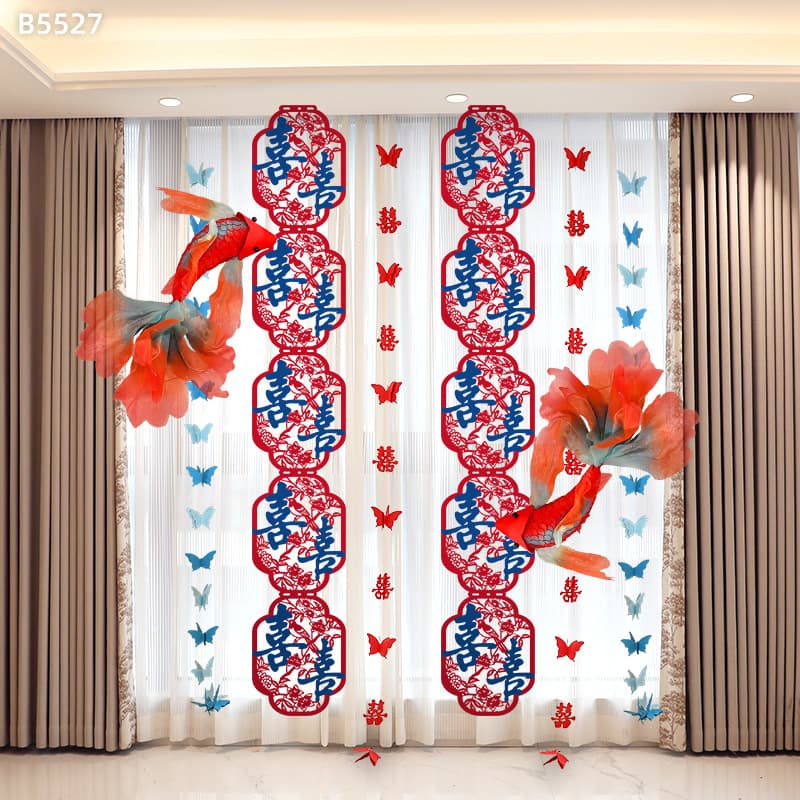 Wedding room decoration set: red and blue long strip "double happiness" stickers, engagement photo props, wedding living room curtains, banners.