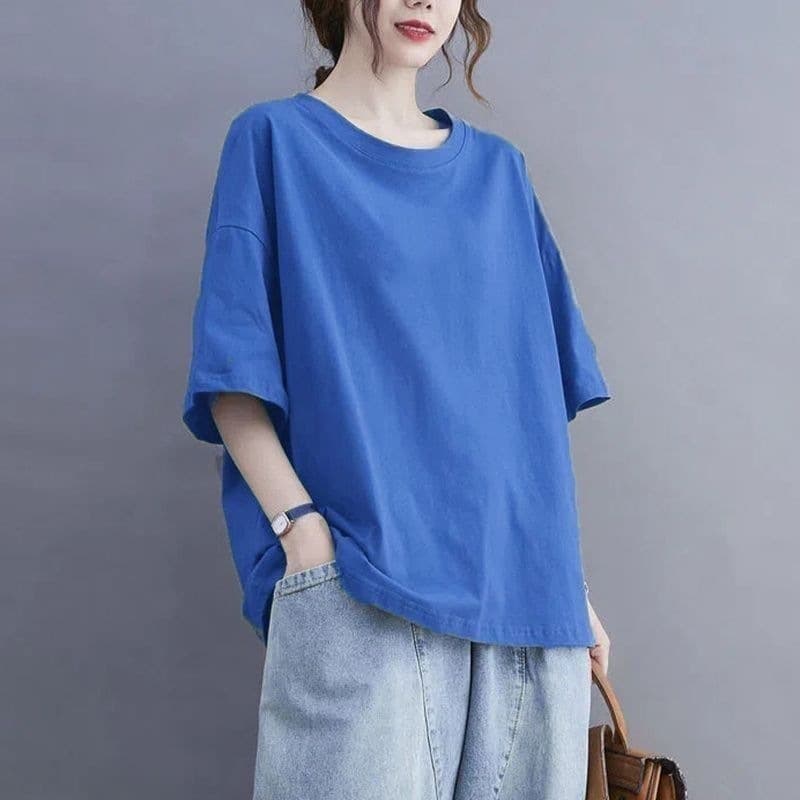 Plus Size Women's Cotton T-Shirt, Loose Fit Short Sleeve, Solid Color, 200 lbs