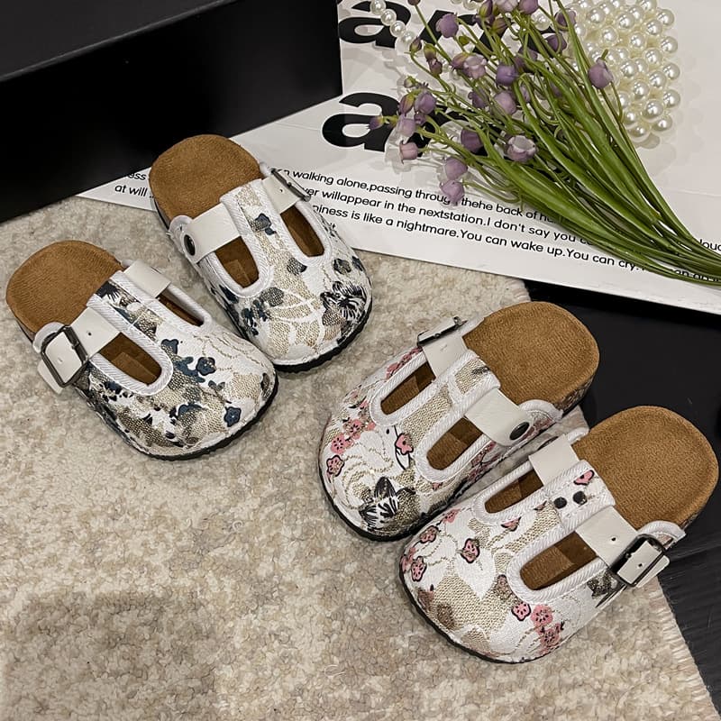 Chinese Style Children's Slippers Spring Summer Retro Floral Boys Girls Half Slippers Beach Korean Version Princess Style