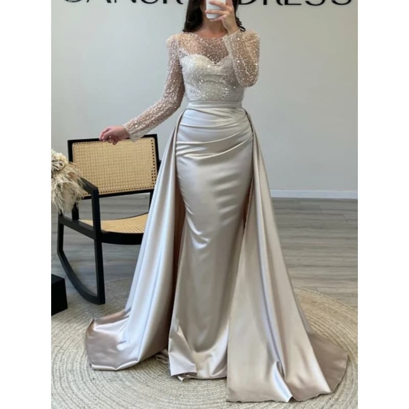 New Cross-Border French Satin Rose Gold Mermaid Dress Light Luxury Elegant Annual Meeting Hostess Sequin Long Gown