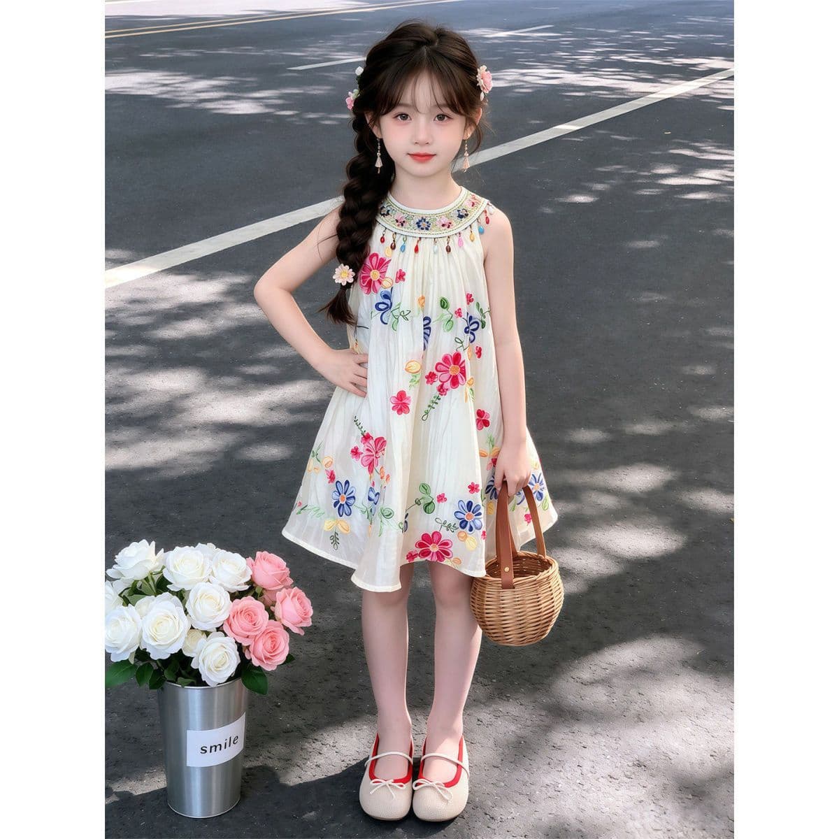 Girls Dress Summer New Fashionable Princess Dress Vest Dress Girl Vacation Halter Neck Strap Dress Floral Skirt