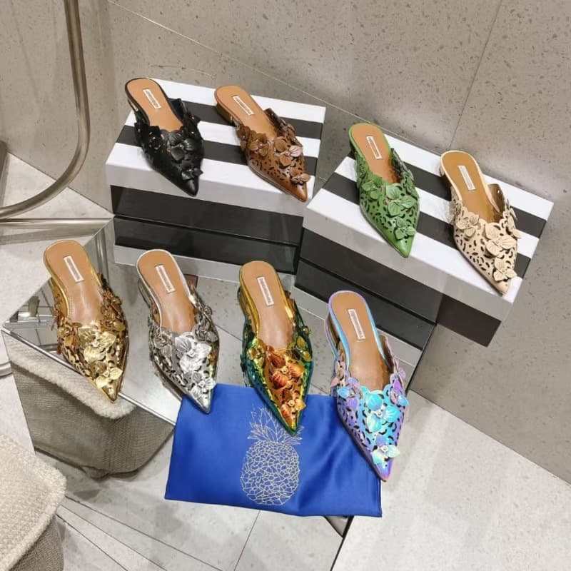 2025 European and American New Style Gentle Pointed Toe Flat Mule Shoes Women's Fashion Slip-On Glitter