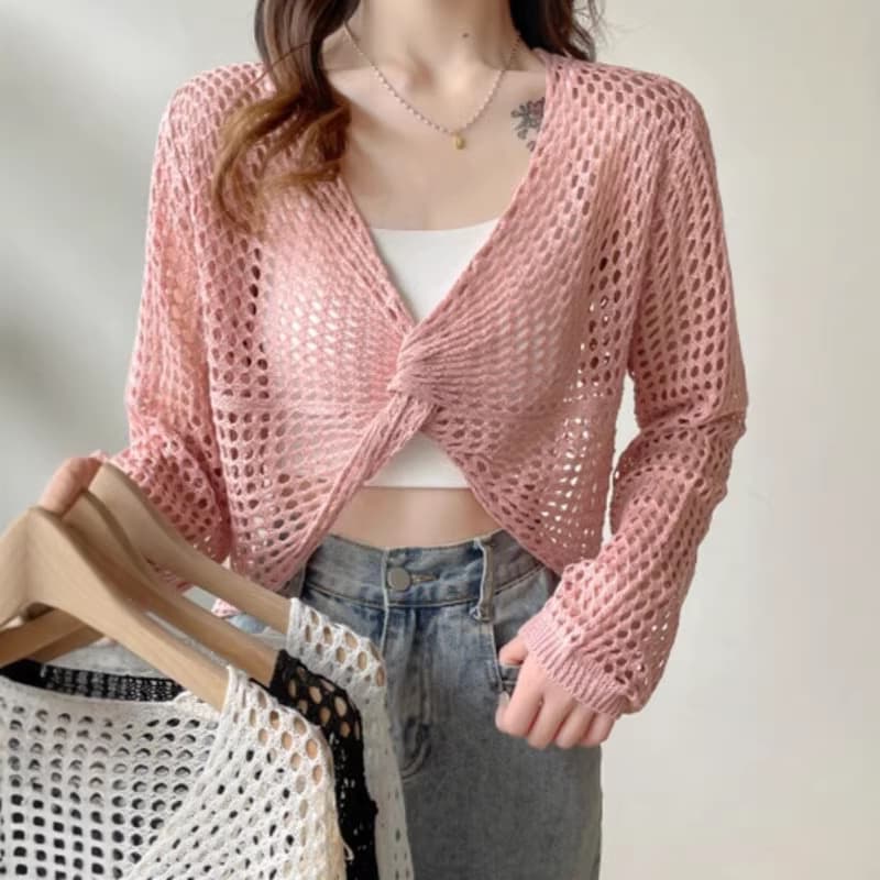 2026 New Hollow Long Sleeve Cardigan Knit Sweater for Women Summer Thin Lazy Style Design Sense Fashion Outerwear Trendy