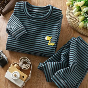 Children's De Velvet Thermal Set, Warm and Heat-Generating Autumn/Winter Pajamas, Thick Base Layer for Boys and Girls, Homewear Top and Bottom
