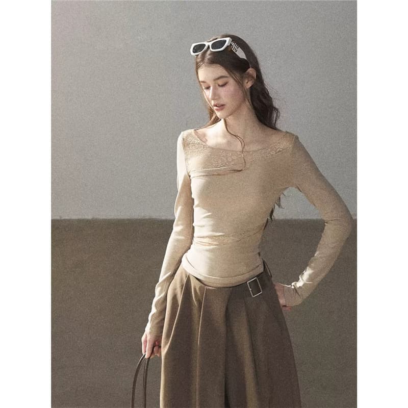 JOMI STUDIO "Hazy Skin" Pure Desire Semi-Sheer Lace Cutout T-Shirt Women's Autumn Long Sleeve Slimming Top