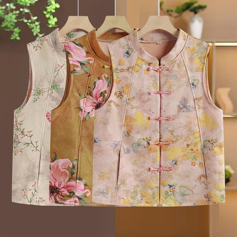 2026 Spring/Autumn New Fashion Chinese-style Printed Vest for Women Aged 40-50, Elegant Tang Suit Vest