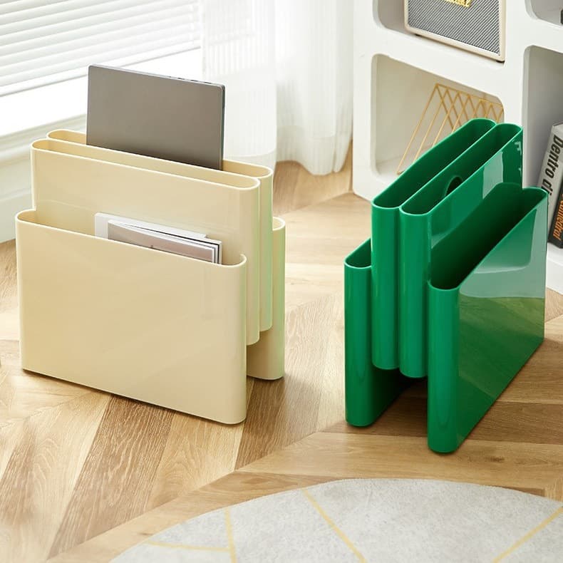 Minimalist mid-century floor-standing book organizer, trendy multi-compartment desktop shelf for decorative storage