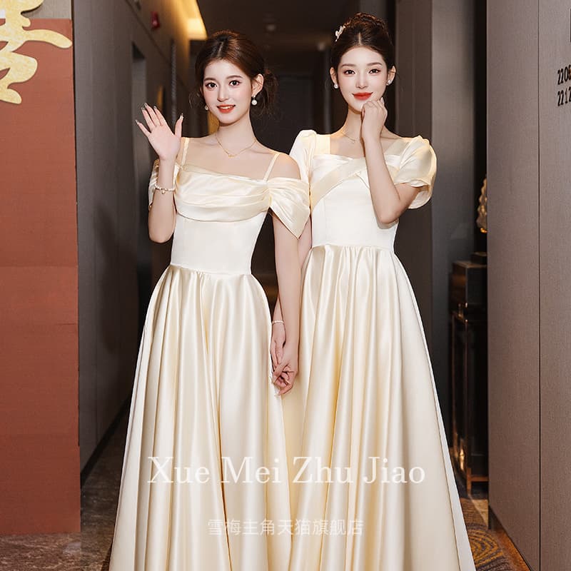 2026 New Champagne Satin Bridesmaid Dress Host Performance Dress Sister Group Birthday Evening Gown Suitable for Daily Wear
