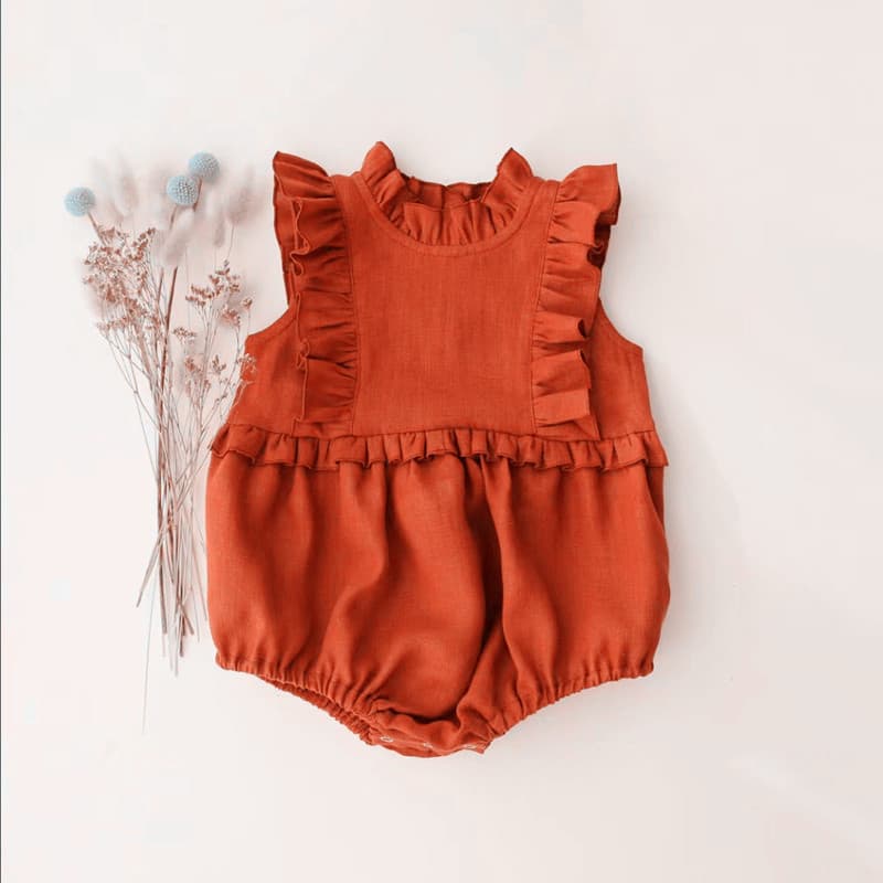 ins popular infant and toddler triangle crawl suit girl baby sleeveless vest khaki cotton and linen pleated ruffle children's clothing cross-border