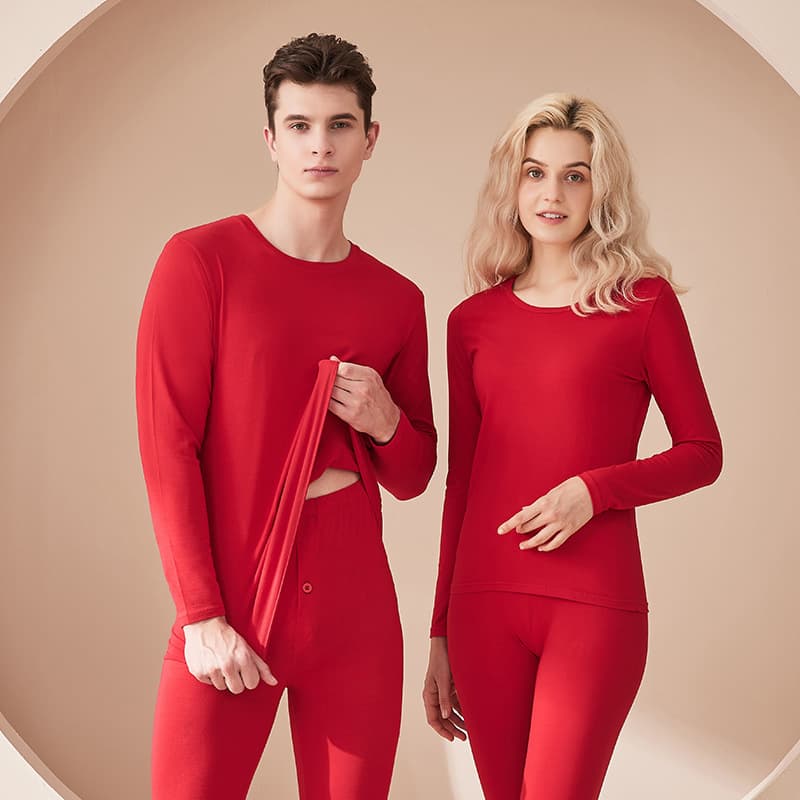 Bright Red Festive Couples Underwear Set, Snug Warm Thermal Underwear Base Layer Round Neck Pullover Thickened Warm