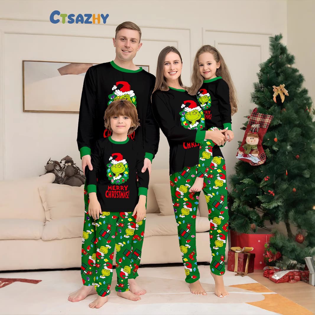 2024 European and American cross-border new style Christmas hat, monster, letter Christmas parent-child printed loungewear pajamas
