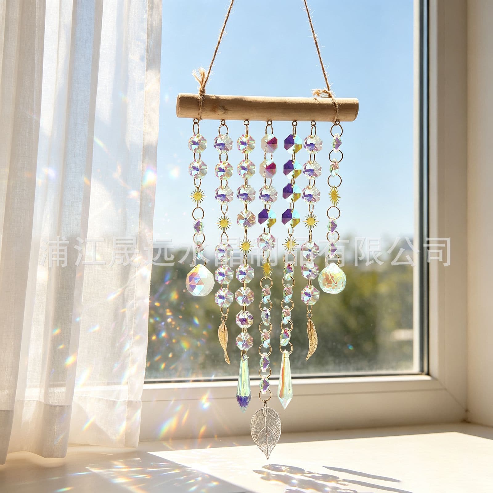 Cross-border new style wooden stick gold and silver leaves sun catcher crystal pendant rainbow light and shadow home courtyard hanging decoration