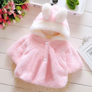 Girl's Furry Cape with Rabbit Ear Hooded Coat, Winter Cute Fluffy Pom-Pom Jacket