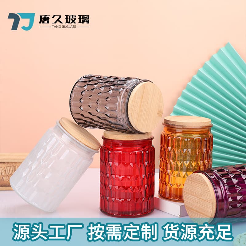 Colored Glass Storage Jar Diamond Glass Candle Cup Wood Lid Wax Holder Diamond Pattern Aromatherapy Candle Cup Wholesale Stock