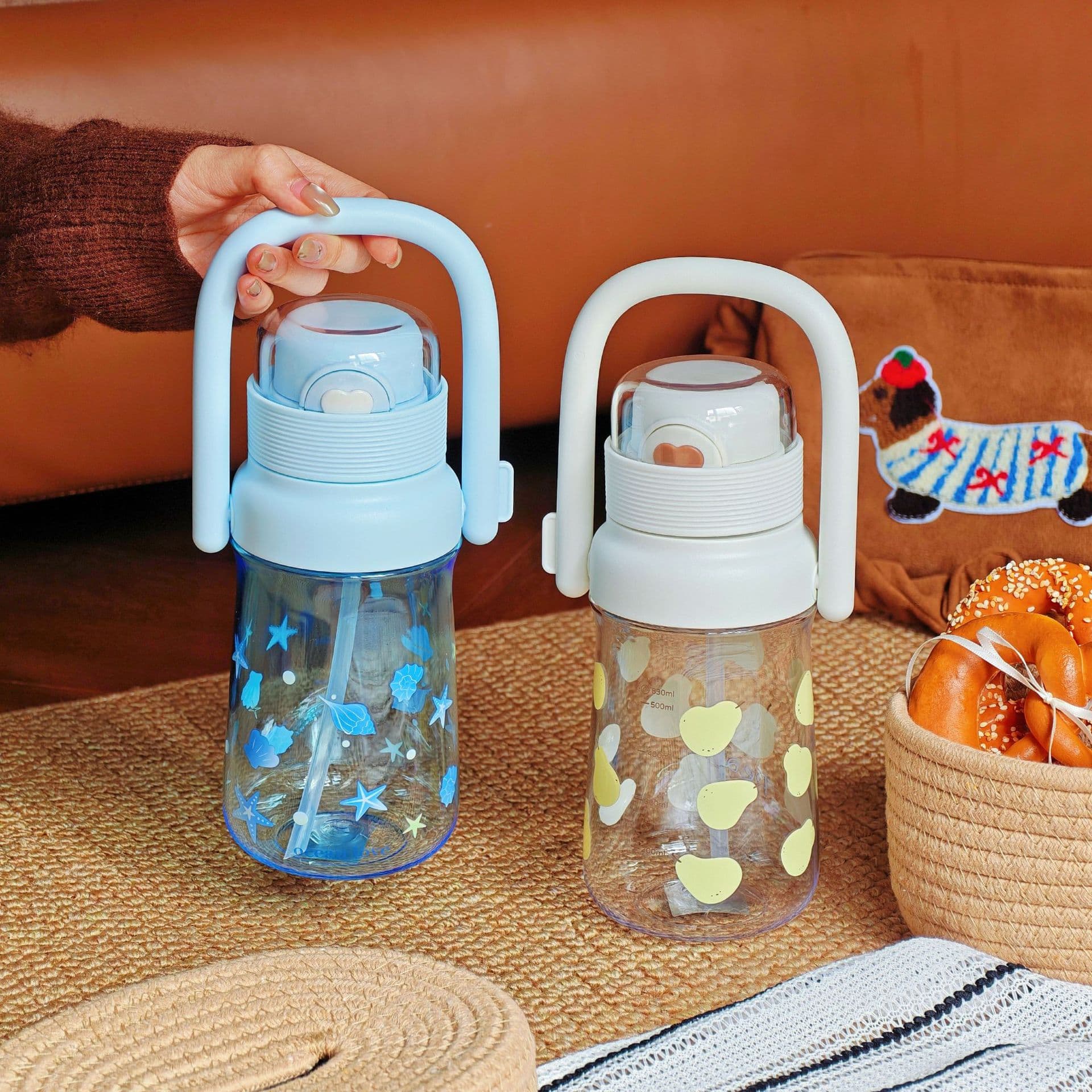 Cute cartoon pop-up lid double drinking portable water cup with straw for direct drinking dual-purpose water cup cute student cup