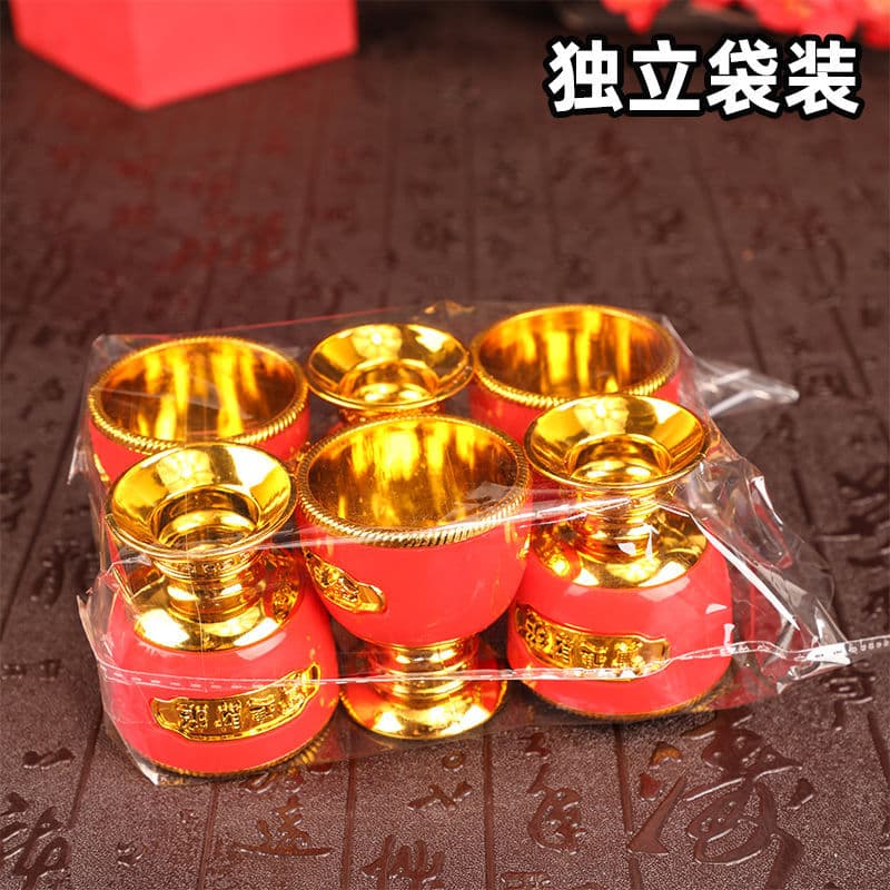 Plastic Worship Set for Home Use, Red Ritual Items: Offering Cup, Tea Cup, Wine Pot, Teapot, Wine Cup, Wealth God Altar Decor