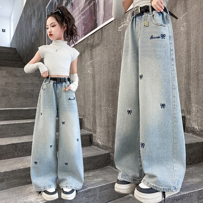 Girls' pants, spring and autumn style, wide-leg pants for older girls, trendy jeans for junior high school girls.
